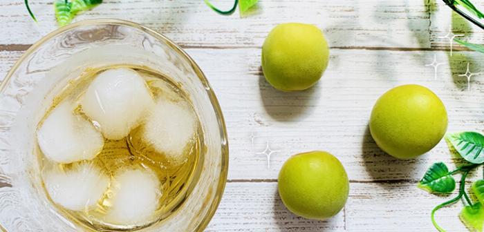 青梅と氷砂糖が入った大きなガラス瓶に日本酒を注いでいる様子