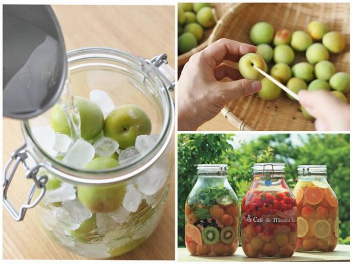 京都の梅酒作り体験で使われる新鮮な青梅、氷砂糖、お酒の材料